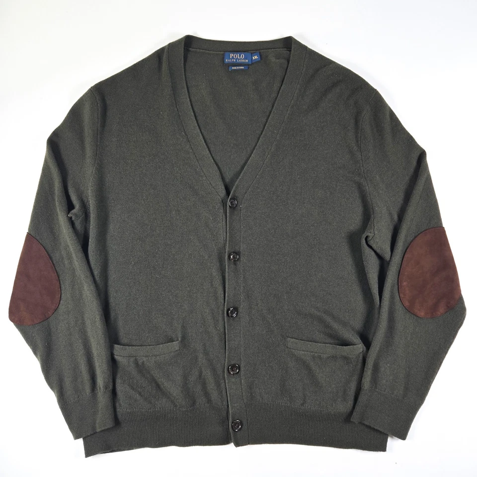 Polo Ralph Lauren Verde Italiano Lana Merino Cárdigan Suéter Hombres XXL Parche en el Codo Foto 1 de 4