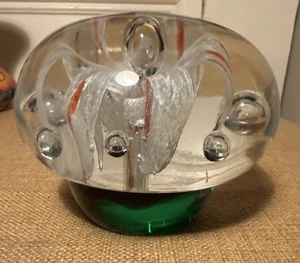 Large Green Lilly Studio Glass Paperweight Controlled Bubbles Mushroom Base - Picture 1 of 24
