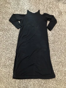 Vintage Joan Vass "3" Maxi Dress Women Black Cold Shoulder Cotton Long Side Slit - Picture 1 of 13