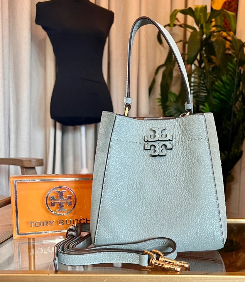 Tory Burch Pebbled Leather Mini Bucket Bag With Detachable Strap In Light Gray - Image 1 of 4