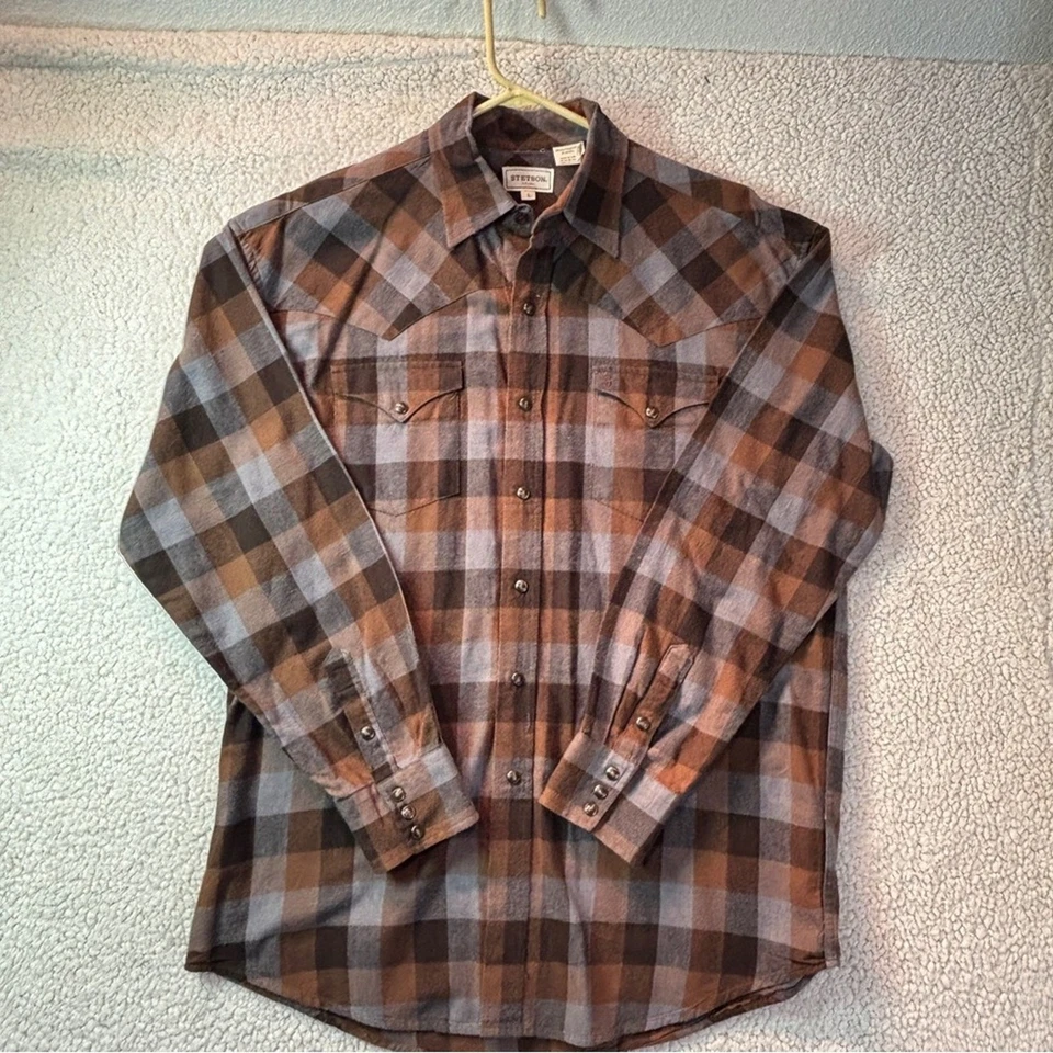 Stetson Plaid Flannel Western Shirt Brown Blue Pearl Snap Large Fall Double Flap - Image 1 of 4