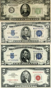 1934-A 20 $, 1934 C&D 5 $ UND 1963 RED SEAL 2 $ CU NOTE GROUP!! - Bild 1 von 2