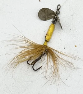 Vintage Markenlos Metall Flügel "Hahnschwanz" gelb Inline Spinner Angelköder - Bild 1 von 2
