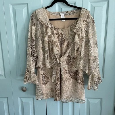 Fashion Bug Floral Boho Fairy Tan Bell Sleeve Blouse Top 26/28 Vtg Hippie Flowy - Image 1 of 4