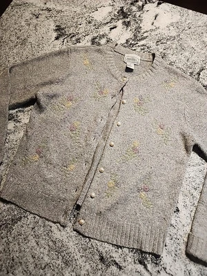 Винтажный крокет клуб серый бисером укороченный кардиган Рами ягнят шерсти Meduim C5 - Изображение 1 из 4