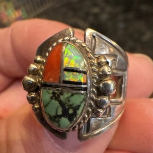 Navajo Signed LP Native Opal Coral Turquoise Inlay Sterling Silver Ring Adj Sz 9 - Picture 1 of 12