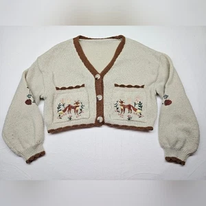 Cottagecore Strickjacke Fuchs Stickerei Strick creme braun Borte süß klein - Bild 1 von 11