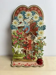 Antique Victorian Die Cut Valentine Germany 3D Fold Out Girl Birds 8" tall - Picture 1 of 6
