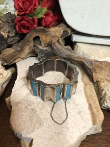 6. Vintage Sterling Silver Inlay Turquoise Pannel Bracelet 66.5g, 7" Mexico - Picture 1 of 16