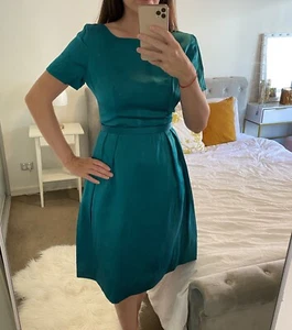 50s 60s Vintage Dress Teal AU Sz 8 Satin Short Sleeve Boat Neck Formal Ball Bow - Picture 1 of 10