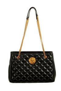 Versace Women's Black Leather Gold Medusa Quilted Tote Handbag Shoulder Bag - Picture 1 of 7