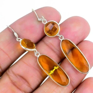 Citrine Treated Stone Hook Wife Dangling Mothers day Earrings Jewelry 925 Silver - Picture 1 of 7