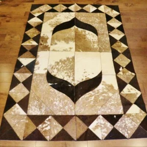100% Authentic Egyptian Genuine Hair Cowhide Leather Patchwork Rug Carpet #401 - Picture 1 of 7