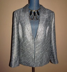Giacca blazer in tweed foderato Chico’s grigio metallizzato chiusura con gancio e occhielli taglia 2 (L) - Foto 1 di 5
