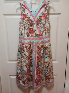 Talbots Sleeveless Dress Size 4 Village Scenes Floral W Stripe Detail V-Neck EUC - Picture 1 of 9
