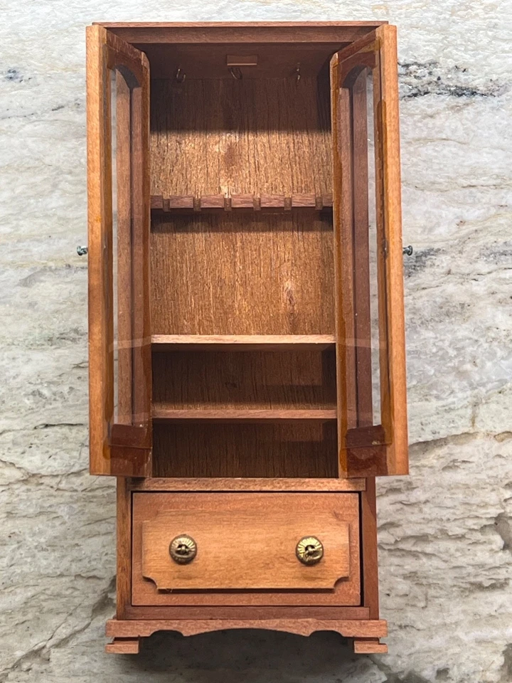 Vintage Gun Curio Cabinet Drawer Shelves Dollhouse Miniature Wood Furniture - Image 1 of 4