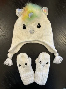 Children's 2T-3T Fleece-Lined White Hat & Gloves Set Unicorn Design - Picture 1 of 6