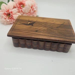 Vintage Sorrento Ware Box Small Wooden Marquetry Swallow Hairpins Trinket Hinged - Picture 1 of 14