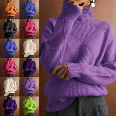 Ladies Roll Neck Sweater Womens Chunky Cable Knitted Jumper Pullover Warm Tops - Image 1 of 4