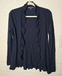 Brooks Brothers Sweater Womens Small Open Front Cardigan Ruffle Wool Casual Navy - Picture 1 of 9