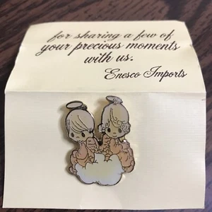 Vintage Goldtone Enamel Painted Precious Moments Angel Baby Twins Pin In Box - Picture 1 of 6