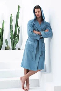 SEYANTE Men's 100% Turkish Cotton Luxury Hooded Terry Bathrobe Rice Weave Trim - Picture 1 of 37