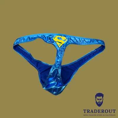 H.E.Arts HERO logo custom Print Mens Metalic Blue  leather-look thong underwear - Image 1 of 4