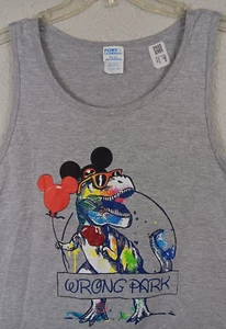 Port & Company "Wrong Park" Heather Gray Tank Top Shirt T-Rex with Mouse Ears - Picture 1 of 6