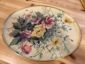 Vintage Fibreglass Oval Tray Floral Design With Gold Edge - Picture 1 of 4
