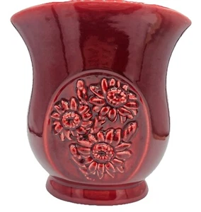 Red Wing Pottery Burgundy Red Maroon Vase B2002 Embossed Flowers Gray Interior - Picture 1 of 10