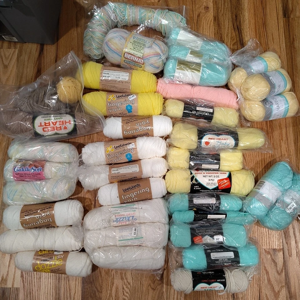 LOT 38  vtg yarns baby rainbow, baby yellow, pastel green, new camel, pink 6+lbs - Image 1 of 1