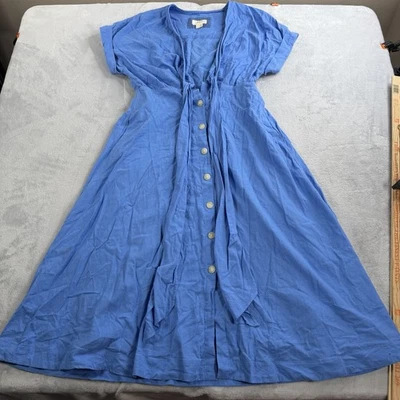 Vestido Anthropologie Maeve Gathered Midi Mezcla de Lino Cuello en V Azul Mujer Talla 8 Foto 1 de 4