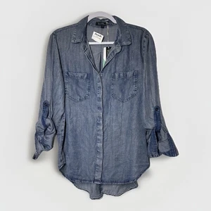 New Western Chambray Button Up Blouse Top Cottagecore Denim Shirt L Velvet Heart - Picture 1 of 11