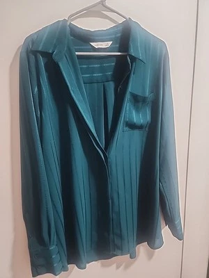 Womens Work Button Blouse Nine West Size XL Teal STRIPED - Image 1 of 4