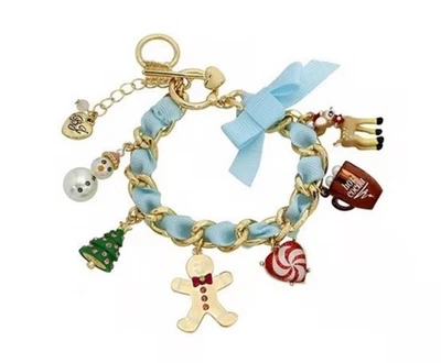 Betsey Johnson Gold Tone Blue Holiday Winter Charm Bracelet Snowman Deer Cocoa - Image 1 of 4