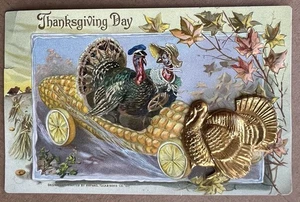 Raphael Tuck Thanksgiving Postcard • Embossed Gold Turkey • Corn Coach Series  - Picture 1 of 11