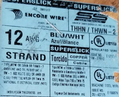 Encore #12awg 19 Stranded THHN/THWN-2/MTW Building Wire Blue/White /100ft - Image 1 of 4
