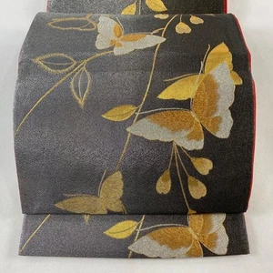 JAPANESE KIMONO BELT FUKURO OBI BLACK-GRAY ROKUTSU-GARA PURE SILK DD7964 - Picture 1 of 5