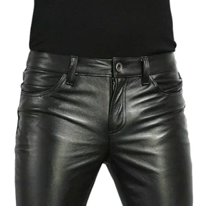 Men's PU Leather Pants Slim Fit Faux Leather Biker Rock Dance Club Trousers UK - Picture 1 of 7