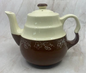 Vintage Universal Pottery Oxford Stoneware BrownCream Teapot Snowdrop Flower USA - Picture 1 of 11