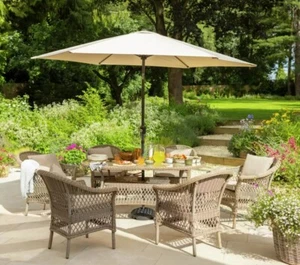 Palermo 6 Seater Rattan Effect Patio Set 8pc Complete w/Parasol & Back Cushions! - Picture 1 of 9