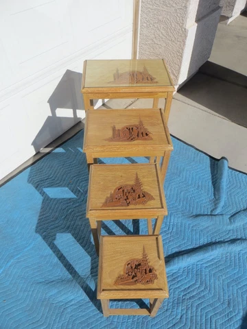 AWESOME 4 Piece Set Oriental Hand Carved Wood Nesting Stacking Tables Cover