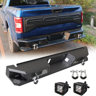 Black Heavy Steel Rear Bumper w/Shackles+LED POD Lights For 2015-2020 Ford F150 - Image 1 of 4