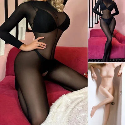 Women Super Elastic Sheer Jumpsuit Lingerie Full Bodystocking Bodysuit Pantyhose - Image 1 of 4