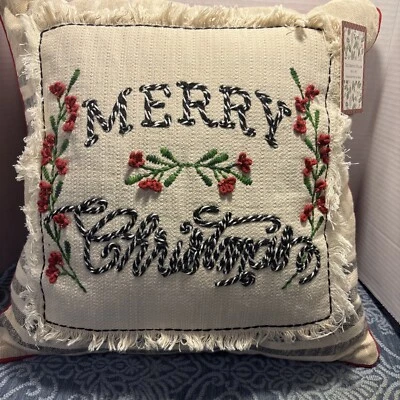 Christmas Throw Pillow Merry Christmas Ivory Red Black Striped New With Tags - Image 1 of 4