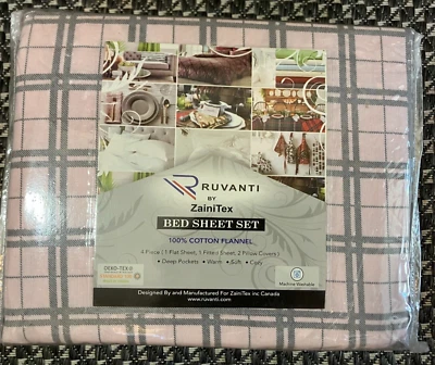 ¡NUEVO! Sábanas de franela cepillada 100 % algodón RUVANTI tamaño completo bolsillo profundo a cuadros rosa Foto 1 de 3