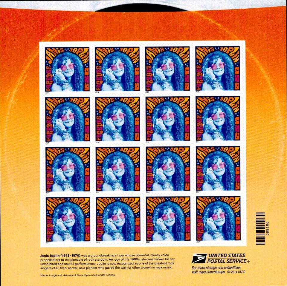 SFSTAMPS US Scott 4916 Music Icons Janis Joplin Sheet of 16 Stamps MNH 2014 - Image 1 of 1