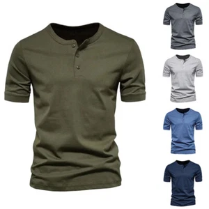Mens Short Sleeve V Neck Henley Shirt Casual Baggy Button Pullover Tops T Shirt - Picture 1 of 20