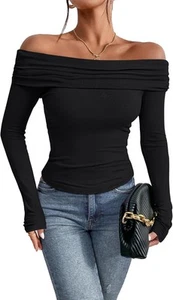 Women's Sexy Off Shoulder Tops Slim Fit Long Sleeves Blouse Nightout Shirt - Picture 1 of 37