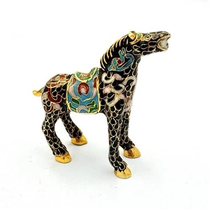 Miniatur Vintage chinesische Cloisonné Emaille Pferd Figur schwarz Blumen 3" - Bild 1 von 7
